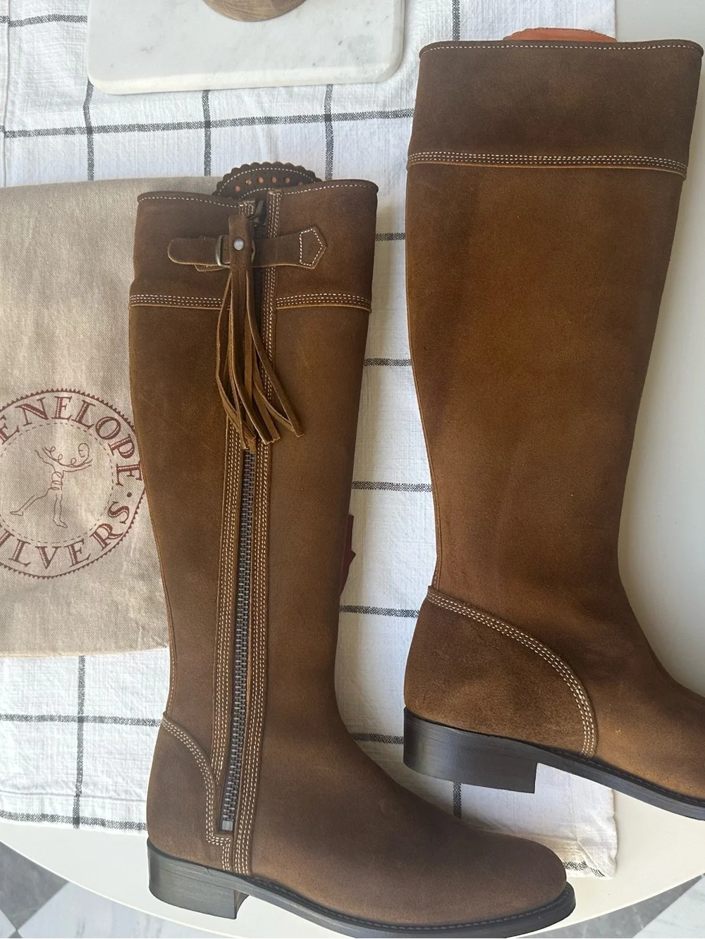 Penelope Chilvers Brown Suede Tall Tassel Zip Riding Boots